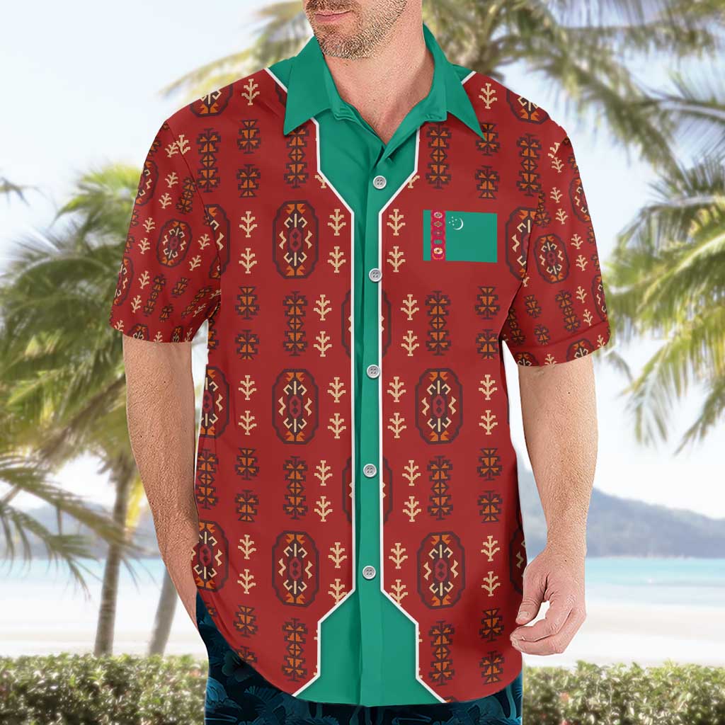 Turkmenistan Traditional Carpet Pattern Hawaiian Shirt with National Flag