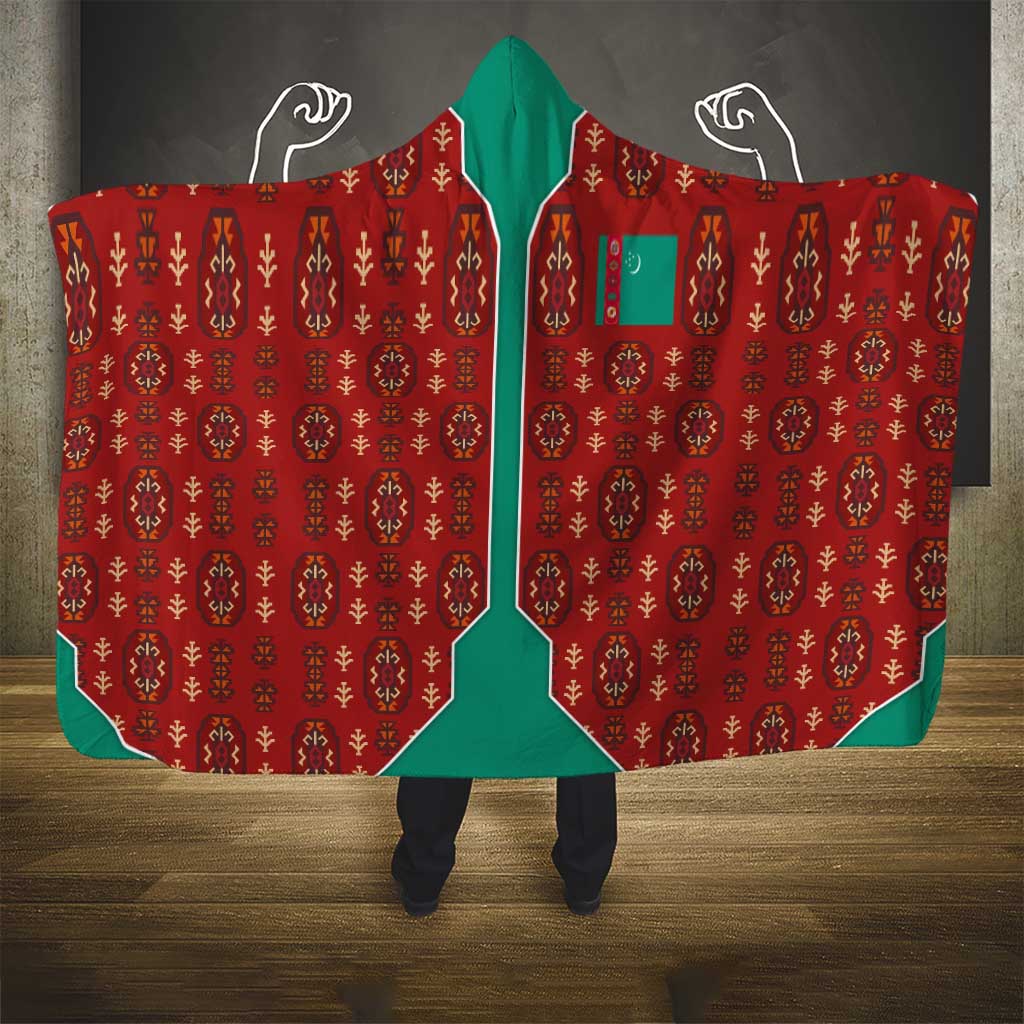 Turkmenistan Traditional Carpet Pattern Hooded Blanket with National Flag