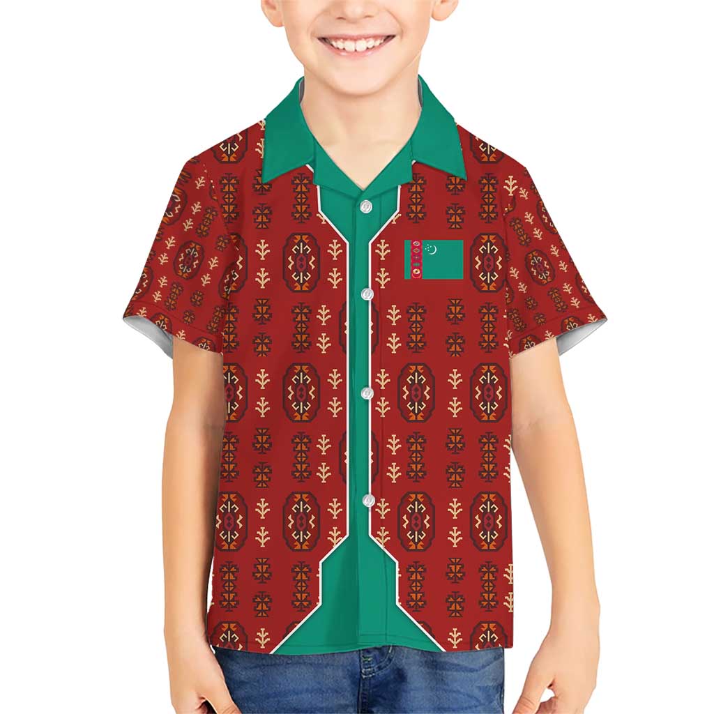 Turkmenistan Traditional Carpet Pattern Kid Hawaiian Shirt with National Flag