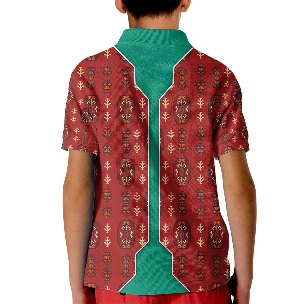 Turkmenistan Traditional Carpet Pattern Kid Polo Shirt with National Flag