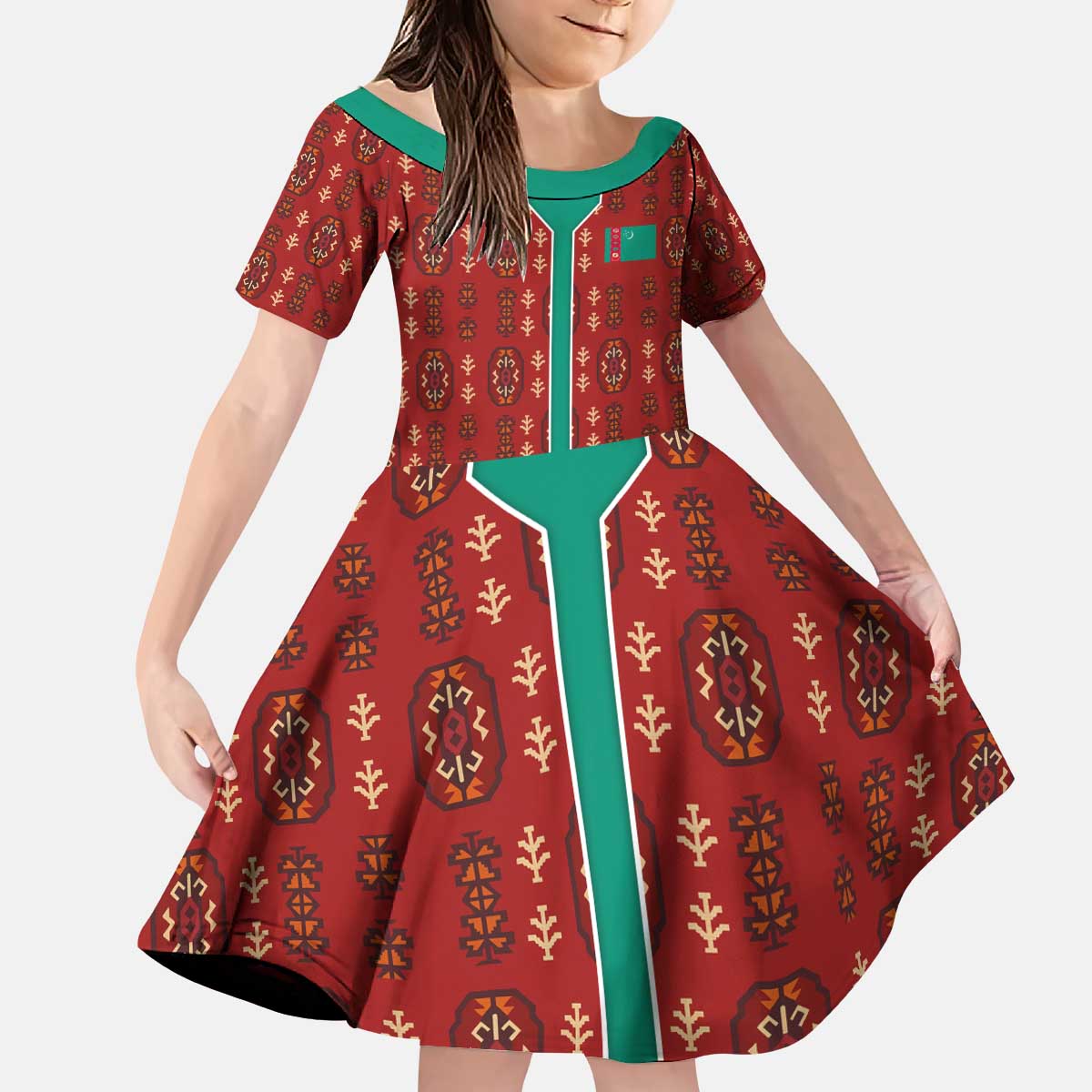 Turkmenistan Traditional Carpet Pattern Kid Short Sleeve Dress with National Flag