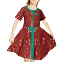 Turkmenistan Traditional Carpet Pattern Kid Short Sleeve Dress with National Flag
