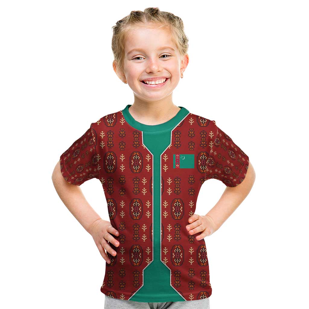 Turkmenistan Traditional Carpet Pattern Kid T Shirt with National Flag