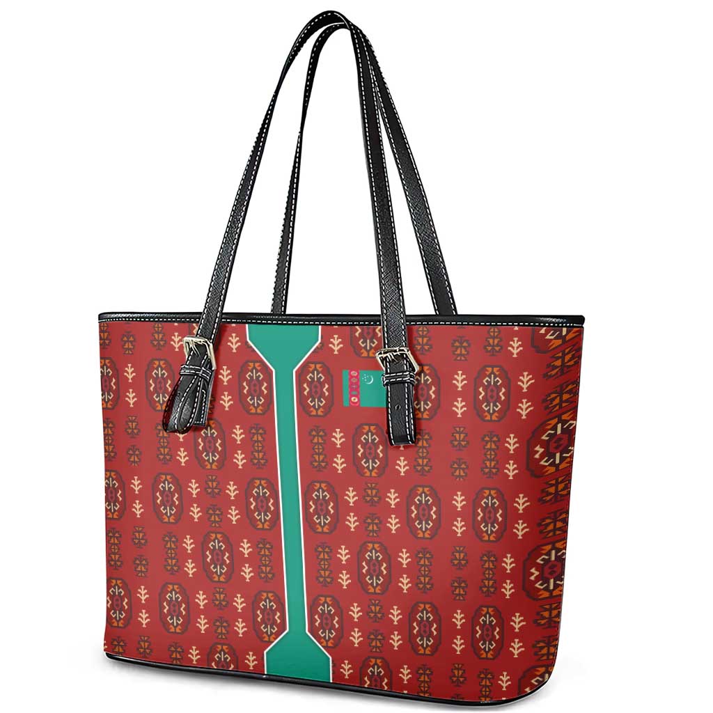 Turkmenistan Traditional Carpet Pattern Leather Tote Bag with National Flag