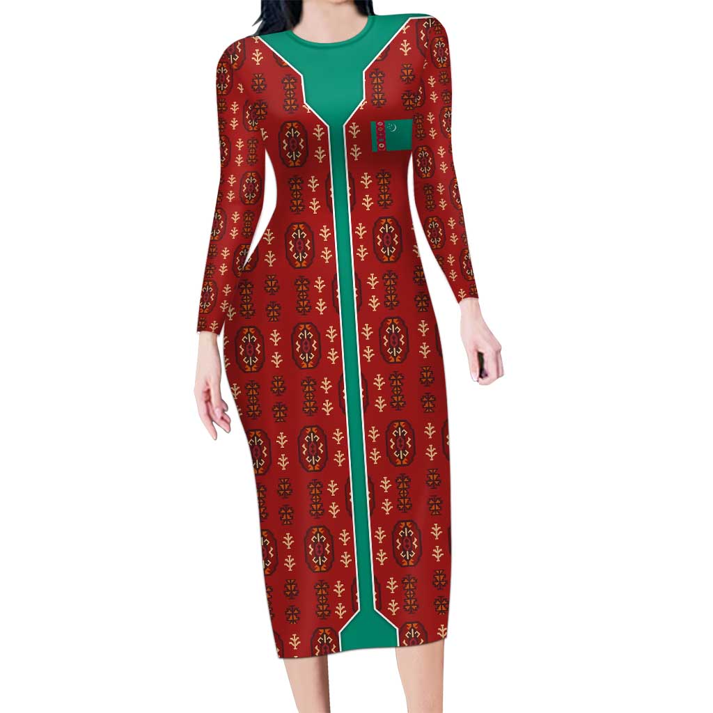 Turkmenistan Traditional Carpet Pattern Long Sleeve Bodycon Dress with National Flag
