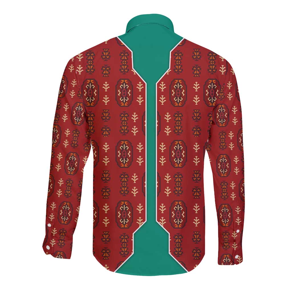 Turkmenistan Traditional Carpet Pattern Long Sleeve Button Shirt with National Flag