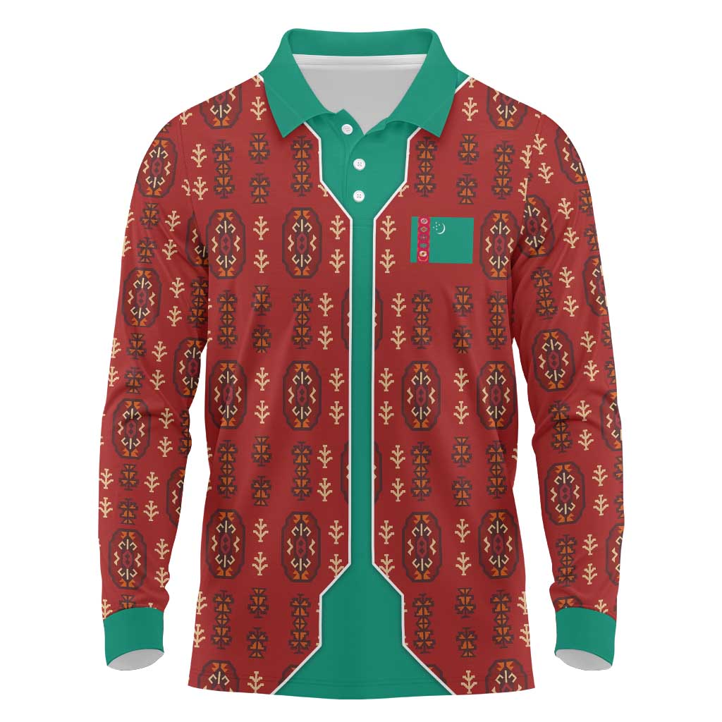 Turkmenistan Traditional Carpet Pattern Long Sleeve Polo Shirt with National Flag