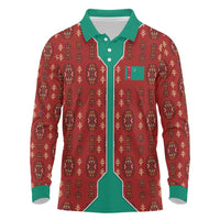 Turkmenistan Traditional Carpet Pattern Long Sleeve Polo Shirt with National Flag