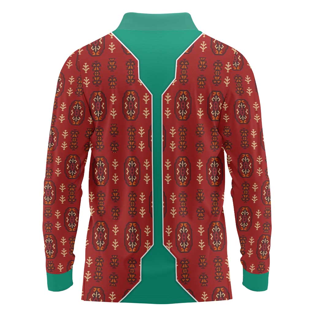Turkmenistan Traditional Carpet Pattern Long Sleeve Polo Shirt with National Flag