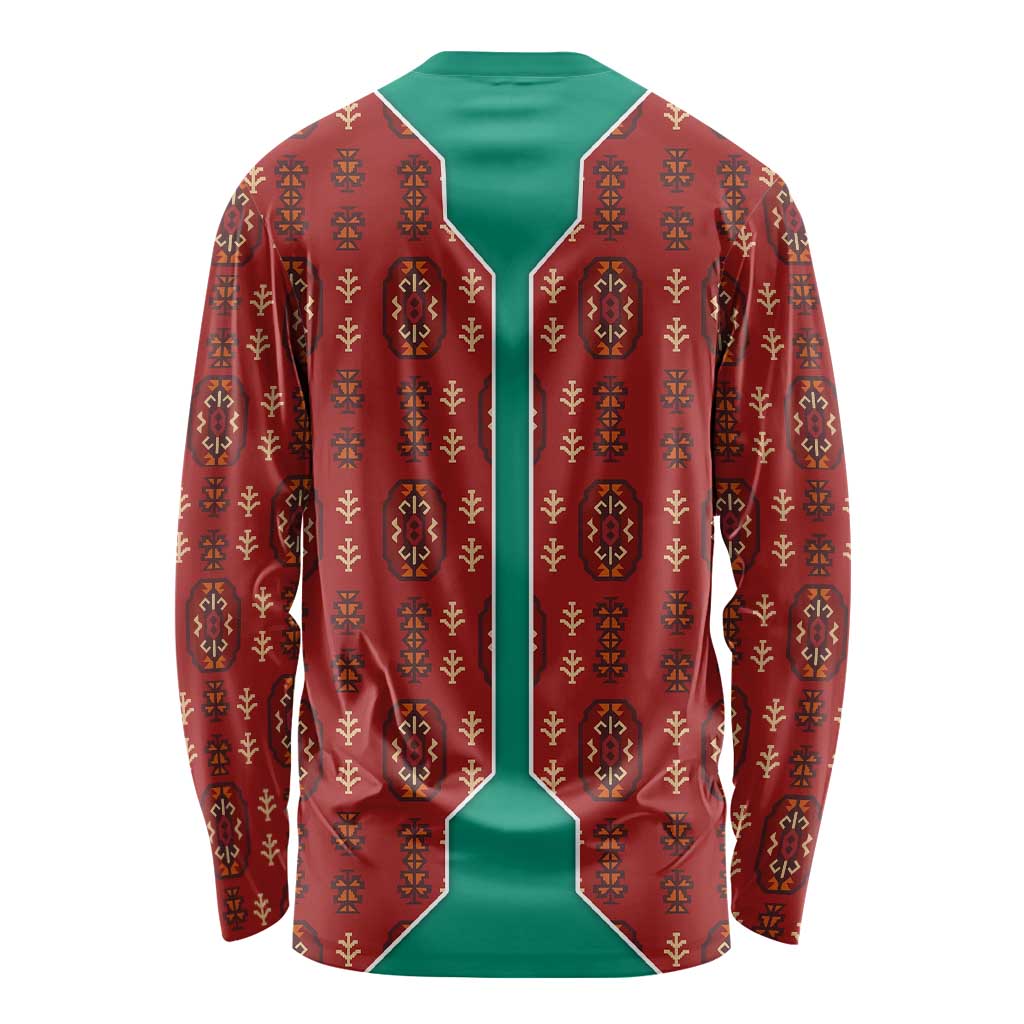 Turkmenistan Traditional Carpet Pattern Long Sleeve Shirt with National Flag