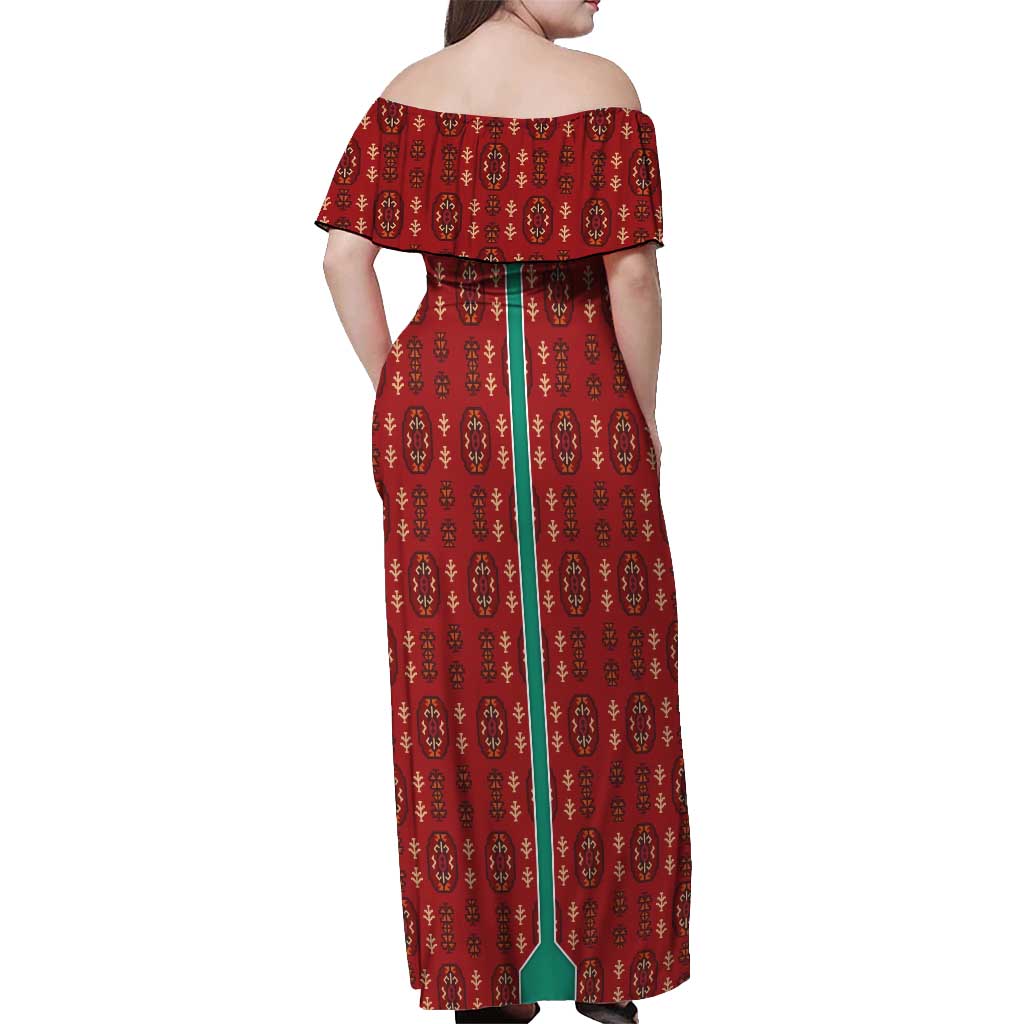 Turkmenistan Traditional Carpet Pattern Off Shoulder Maxi Dress with National Flag