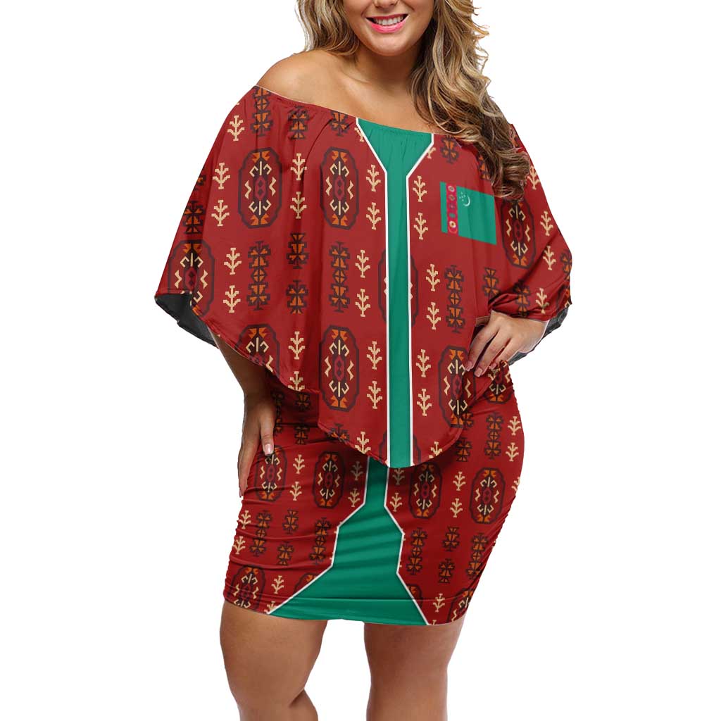 Turkmenistan Traditional Carpet Pattern Off Shoulder Short Dress with National Flag