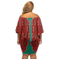 Turkmenistan Traditional Carpet Pattern Off Shoulder Short Dress with National Flag