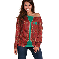 Turkmenistan Traditional Carpet Pattern Off Shoulder Sweater with National Flag