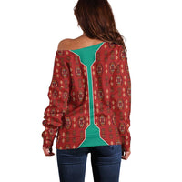 Turkmenistan Traditional Carpet Pattern Off Shoulder Sweater with National Flag