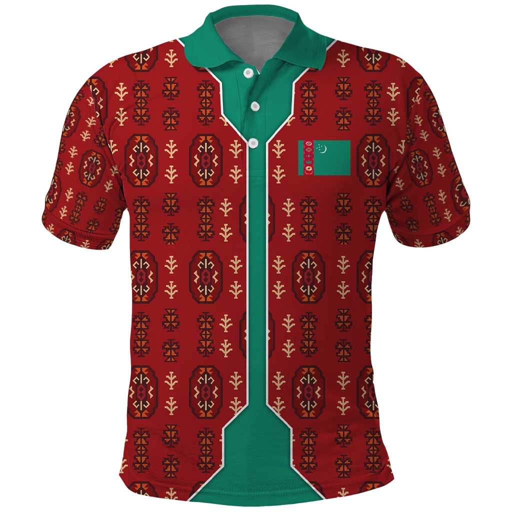 Turkmenistan Traditional Carpet Pattern Polo Shirt with National Flag