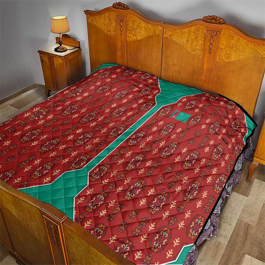 Turkmenistan Traditional Carpet Pattern Quilt with National Flag