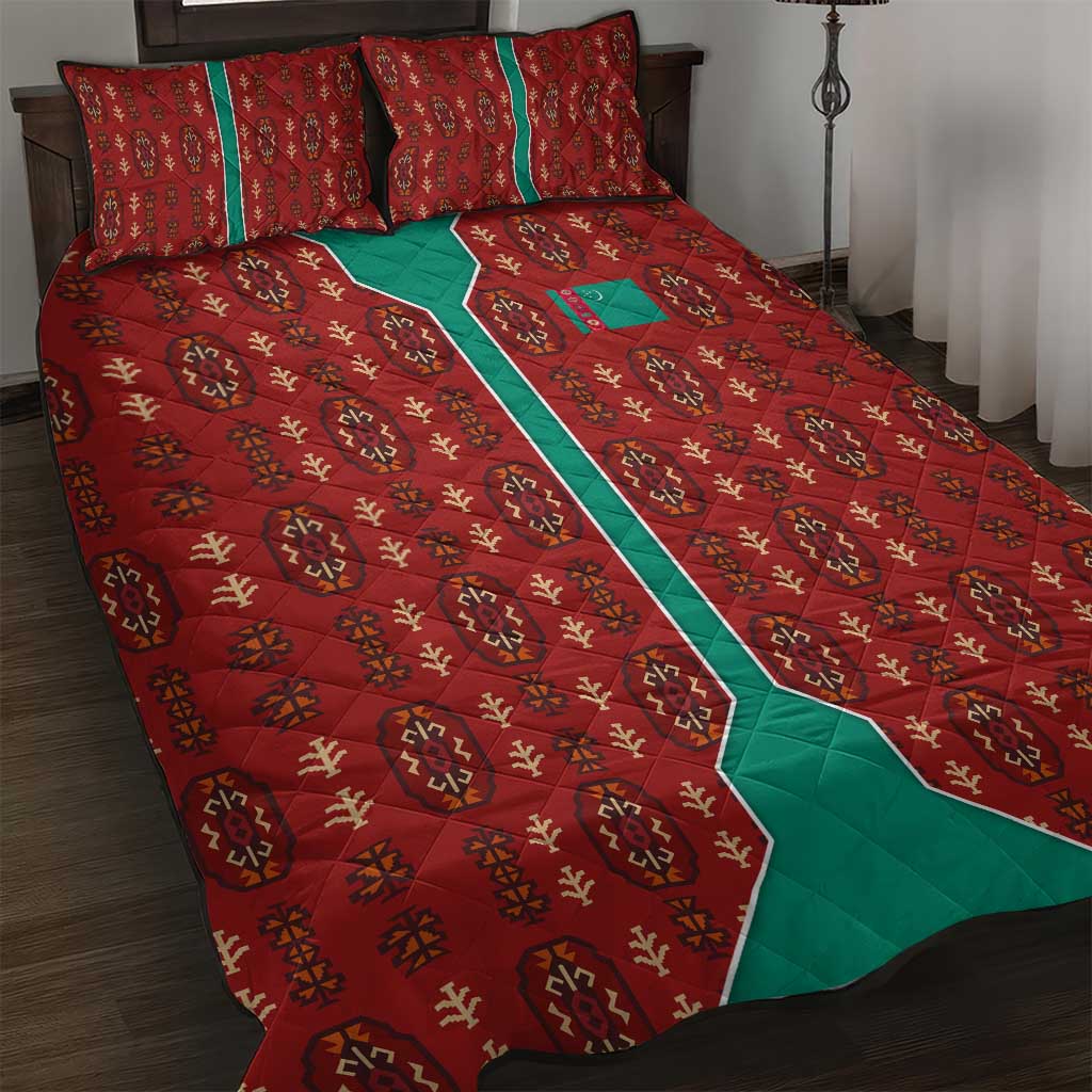 Turkmenistan Traditional Carpet Pattern Quilt Bed Set with National Flag