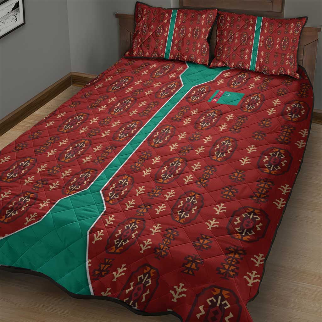 Turkmenistan Traditional Carpet Pattern Quilt Bed Set with National Flag