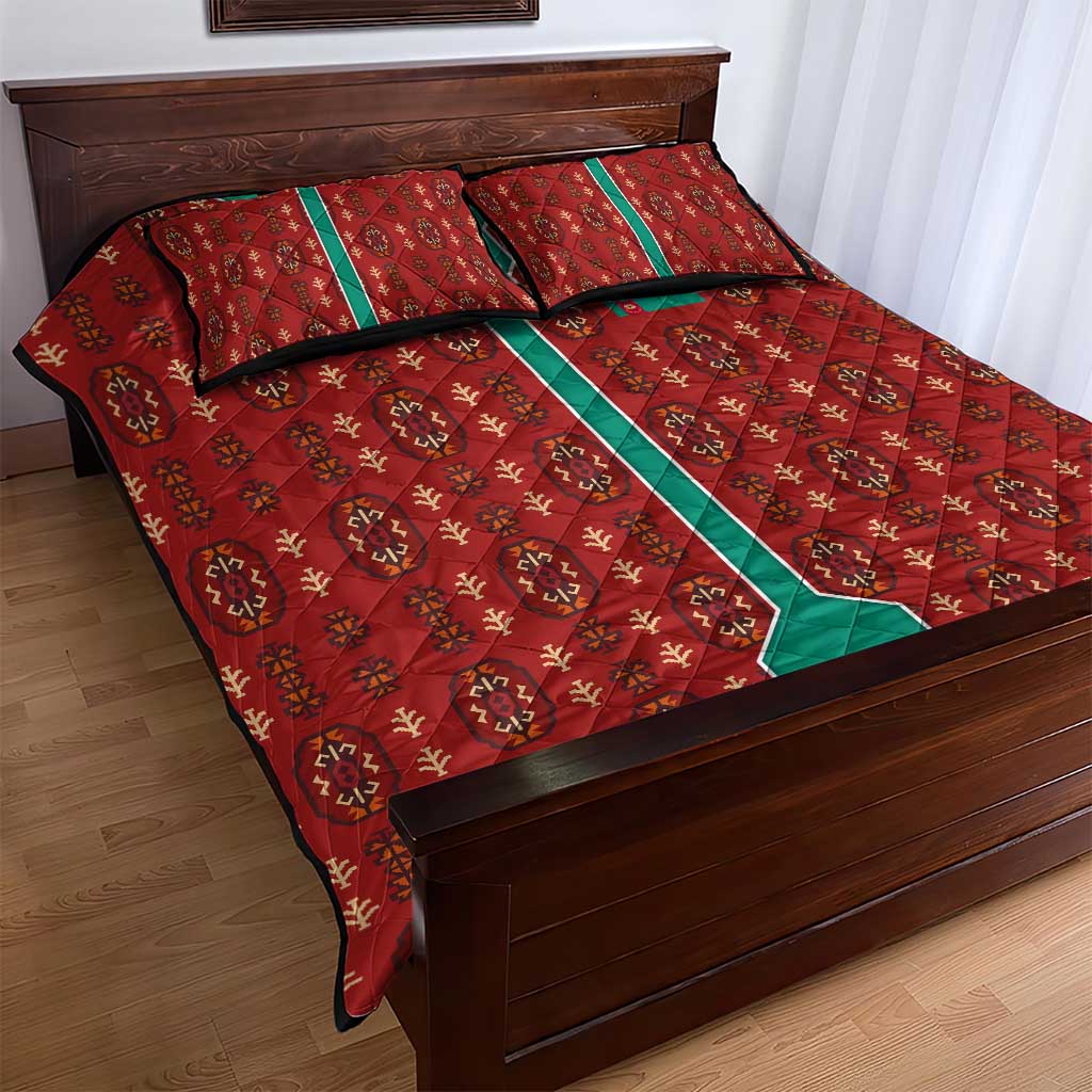 Turkmenistan Traditional Carpet Pattern Quilt Bed Set with National Flag
