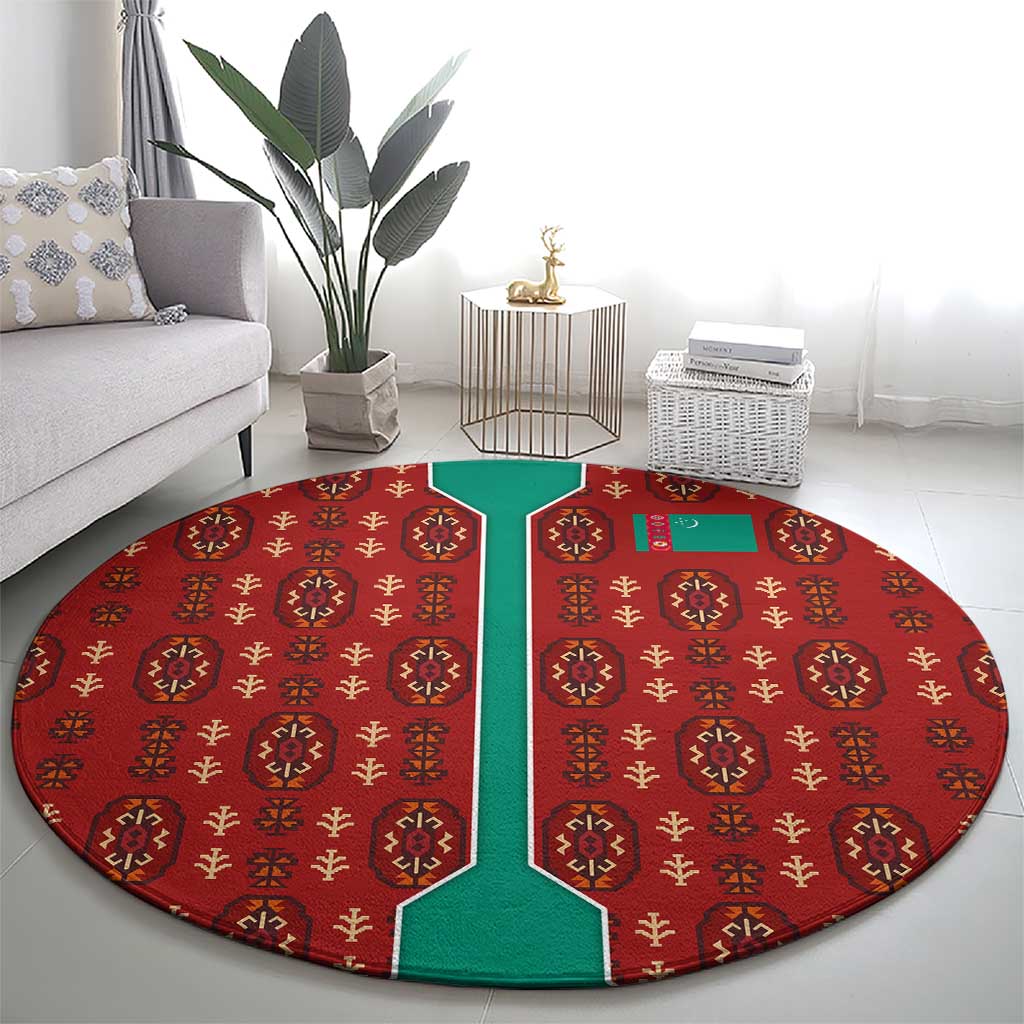 Turkmenistan Traditional Carpet Pattern Round Carpet with National Flag