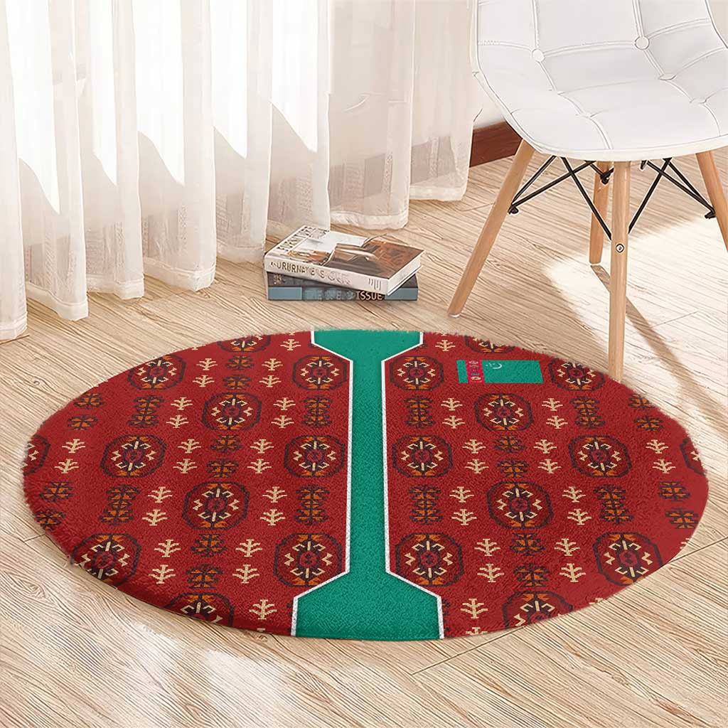 Turkmenistan Traditional Carpet Pattern Round Carpet with National Flag