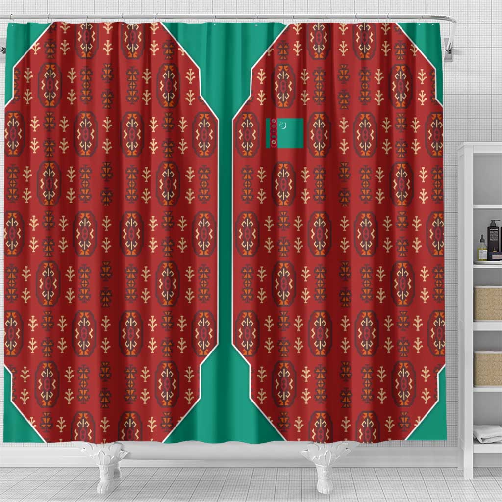 Turkmenistan Traditional Carpet Pattern Shower Curtain with National Flag