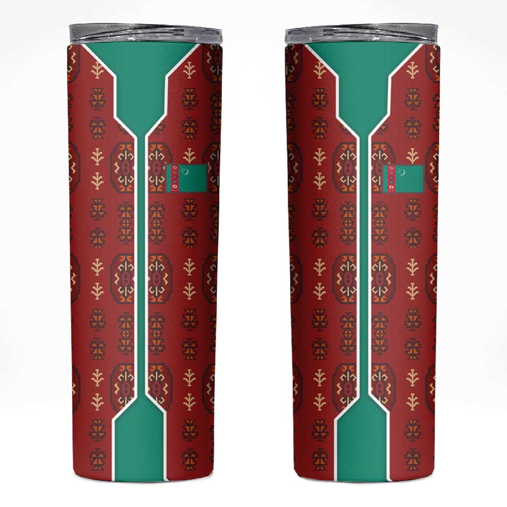 Turkmenistan Traditional Carpet Pattern Skinny Tumbler with National Flag