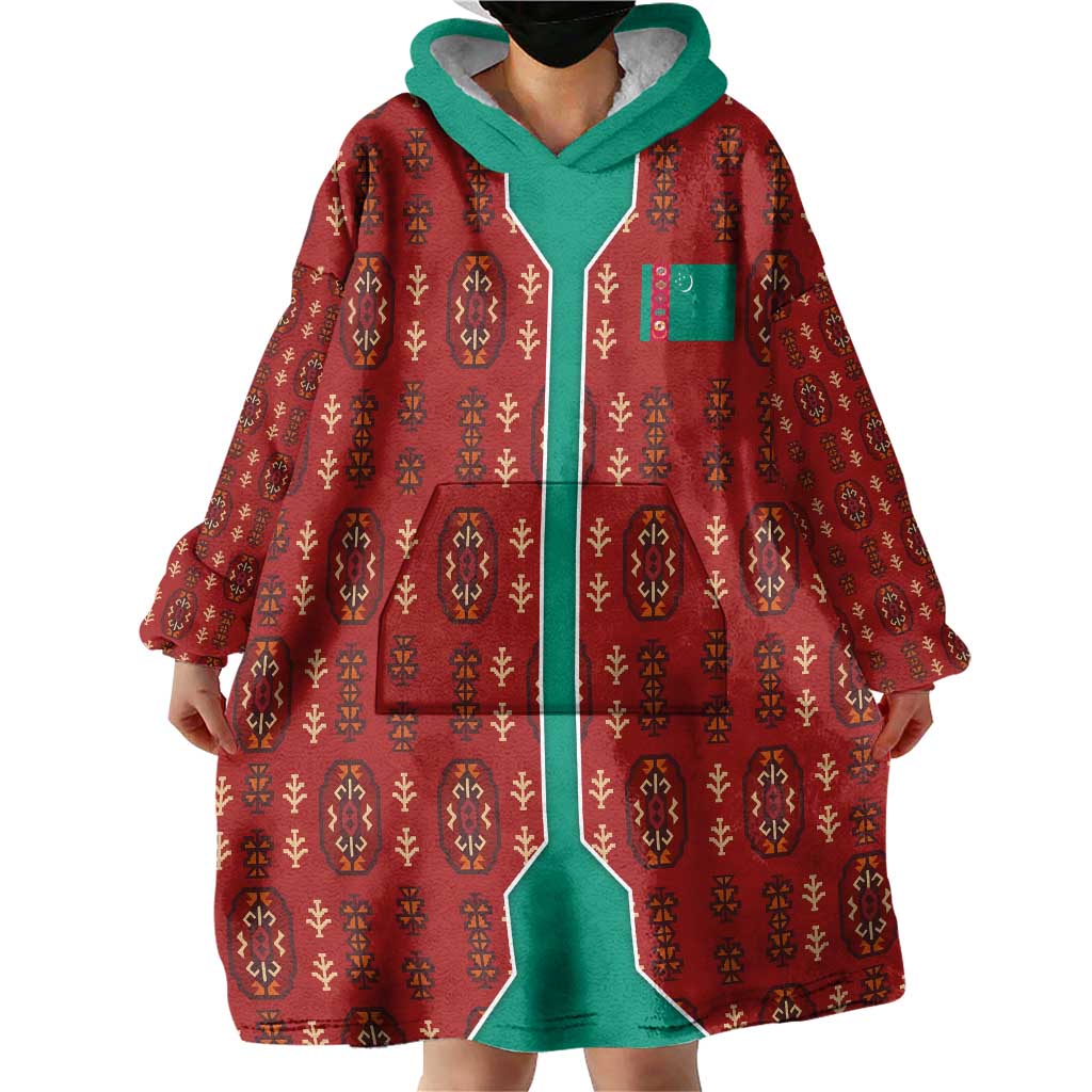 Turkmenistan Traditional Carpet Pattern Wearable Blanket Hoodie with National Flag