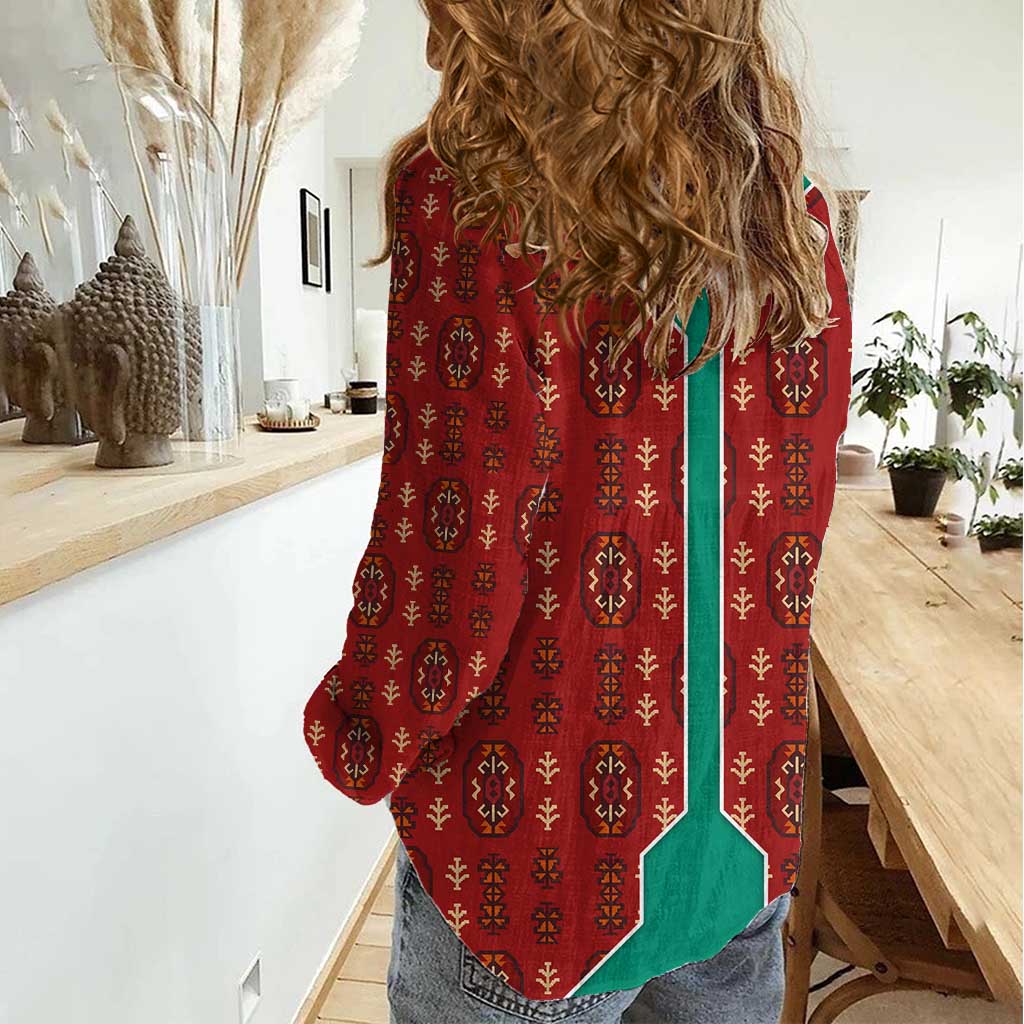 Turkmenistan Traditional Carpet Pattern Women Casual Shirt with National Flag