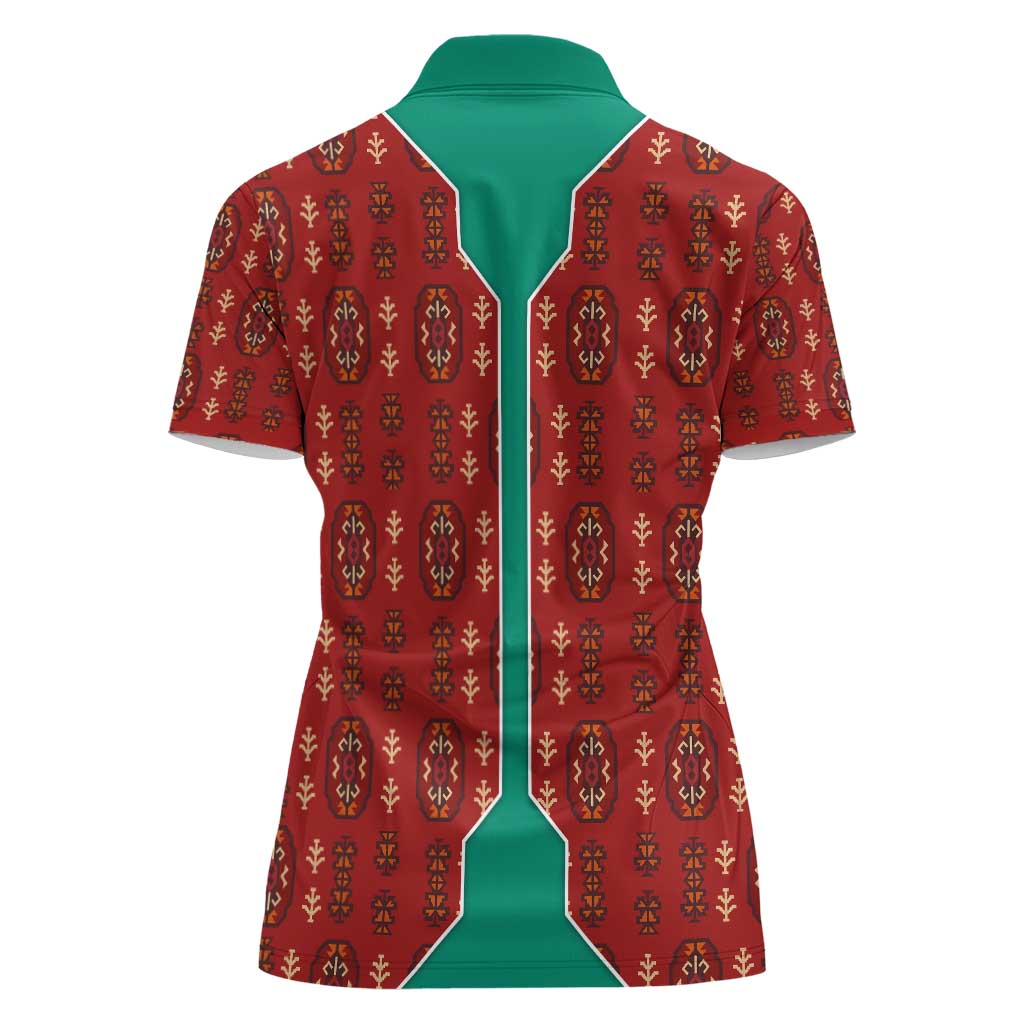 Turkmenistan Traditional Carpet Pattern Women Polo Shirt with National Flag