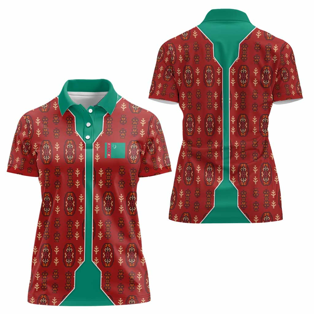 Turkmenistan Traditional Carpet Pattern Women Polo Shirt with National Flag