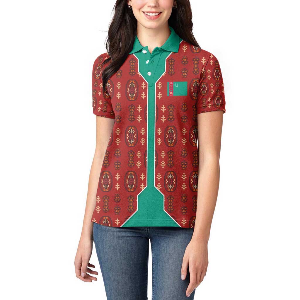 Turkmenistan Traditional Carpet Pattern Women Polo Shirt with National Flag