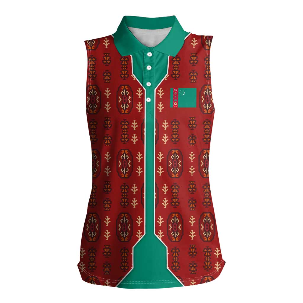Turkmenistan Traditional Carpet Pattern Women Sleeveless Polo Shirt with National Flag