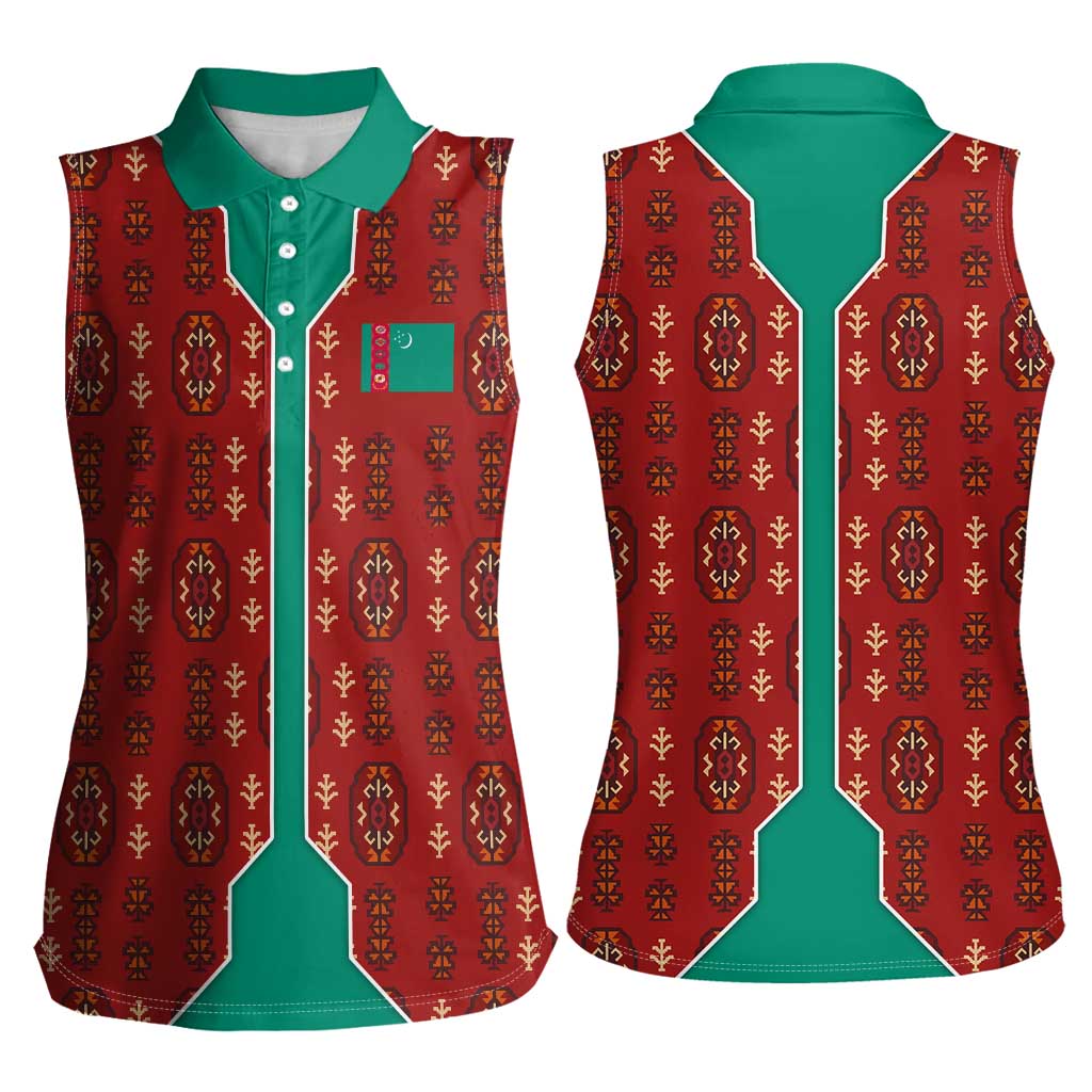 Turkmenistan Traditional Carpet Pattern Women Sleeveless Polo Shirt with National Flag