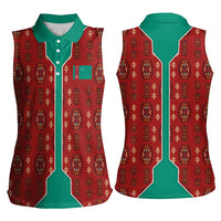 Turkmenistan Traditional Carpet Pattern Women Sleeveless Polo Shirt with National Flag