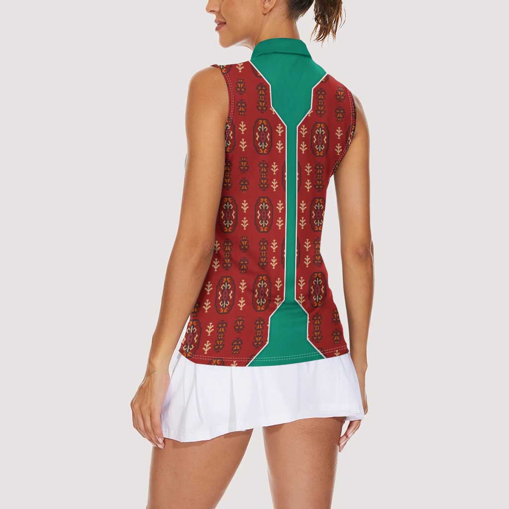 Turkmenistan Traditional Carpet Pattern Women Sleeveless Polo Shirt with National Flag