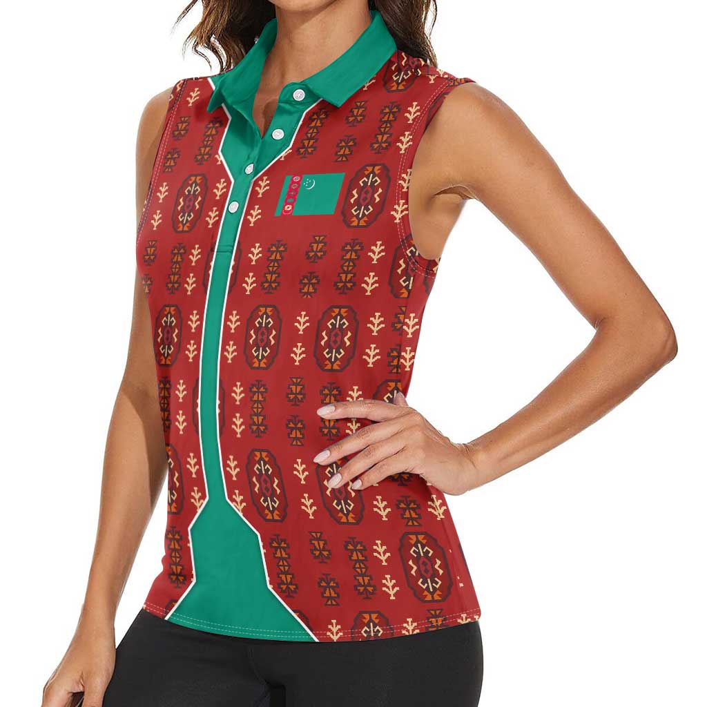 Turkmenistan Traditional Carpet Pattern Women Sleeveless Polo Shirt with National Flag