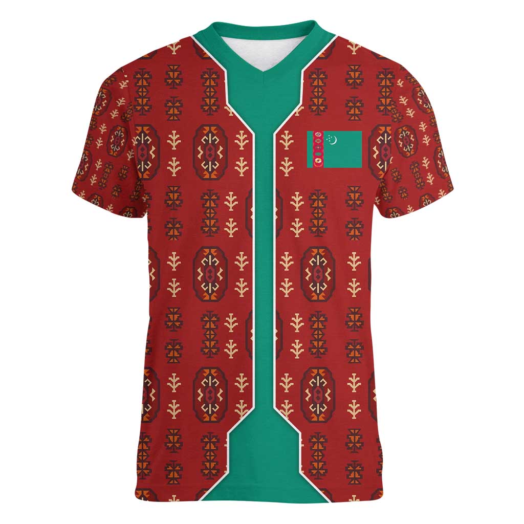 Turkmenistan Traditional Carpet Pattern Women V-Neck T-Shirt with National Flag