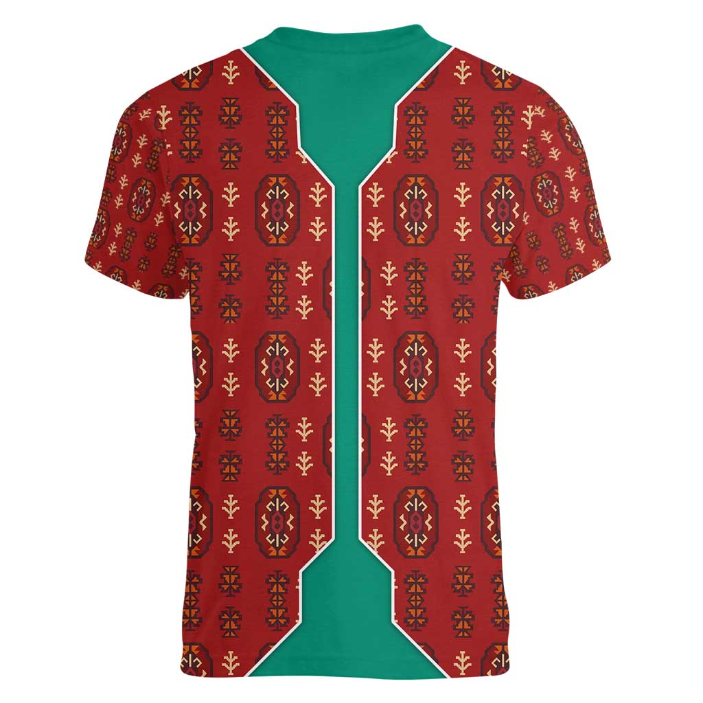 Turkmenistan Traditional Carpet Pattern Women V-Neck T-Shirt with National Flag