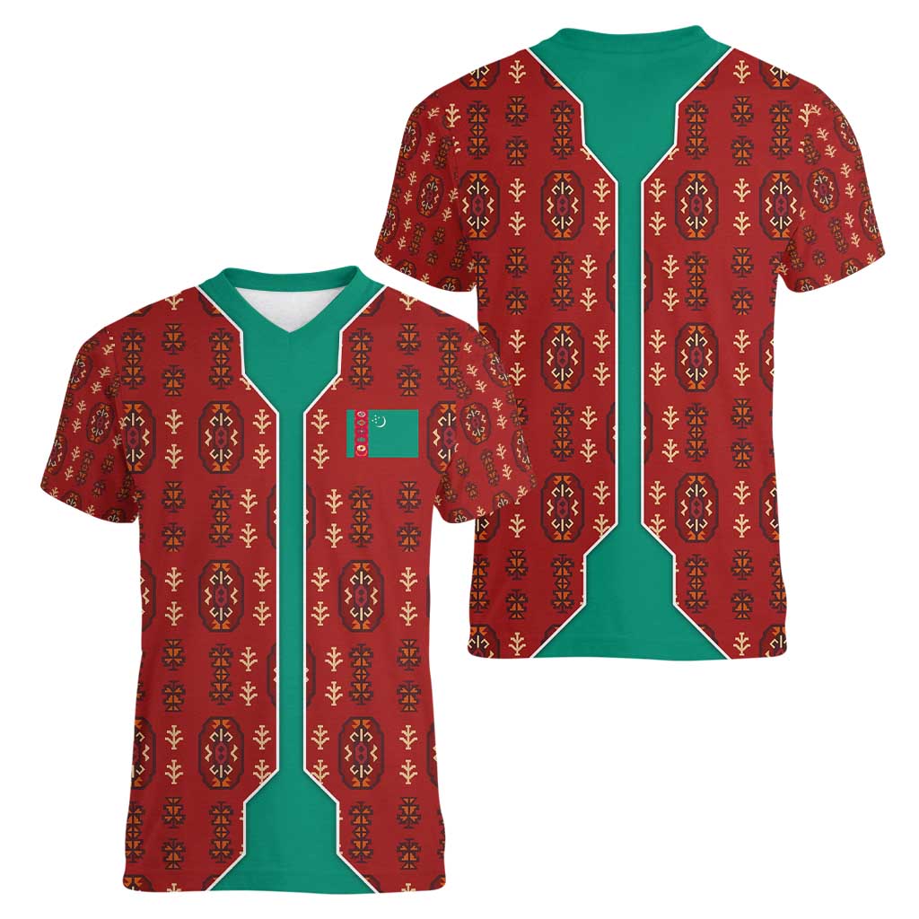 Turkmenistan Traditional Carpet Pattern Women V-Neck T-Shirt with National Flag