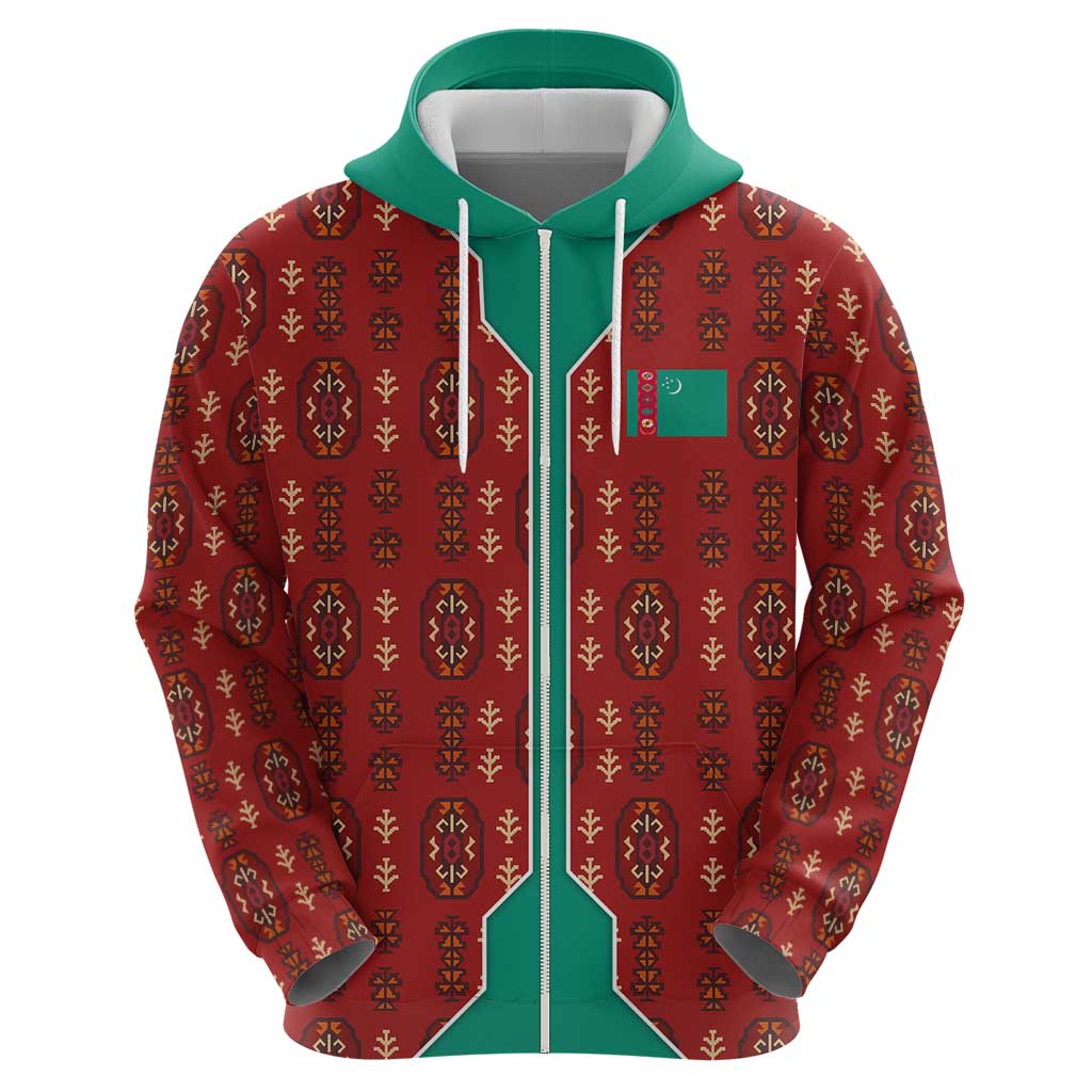 Turkmenistan Traditional Carpet Pattern Zip Hoodie with National Flag