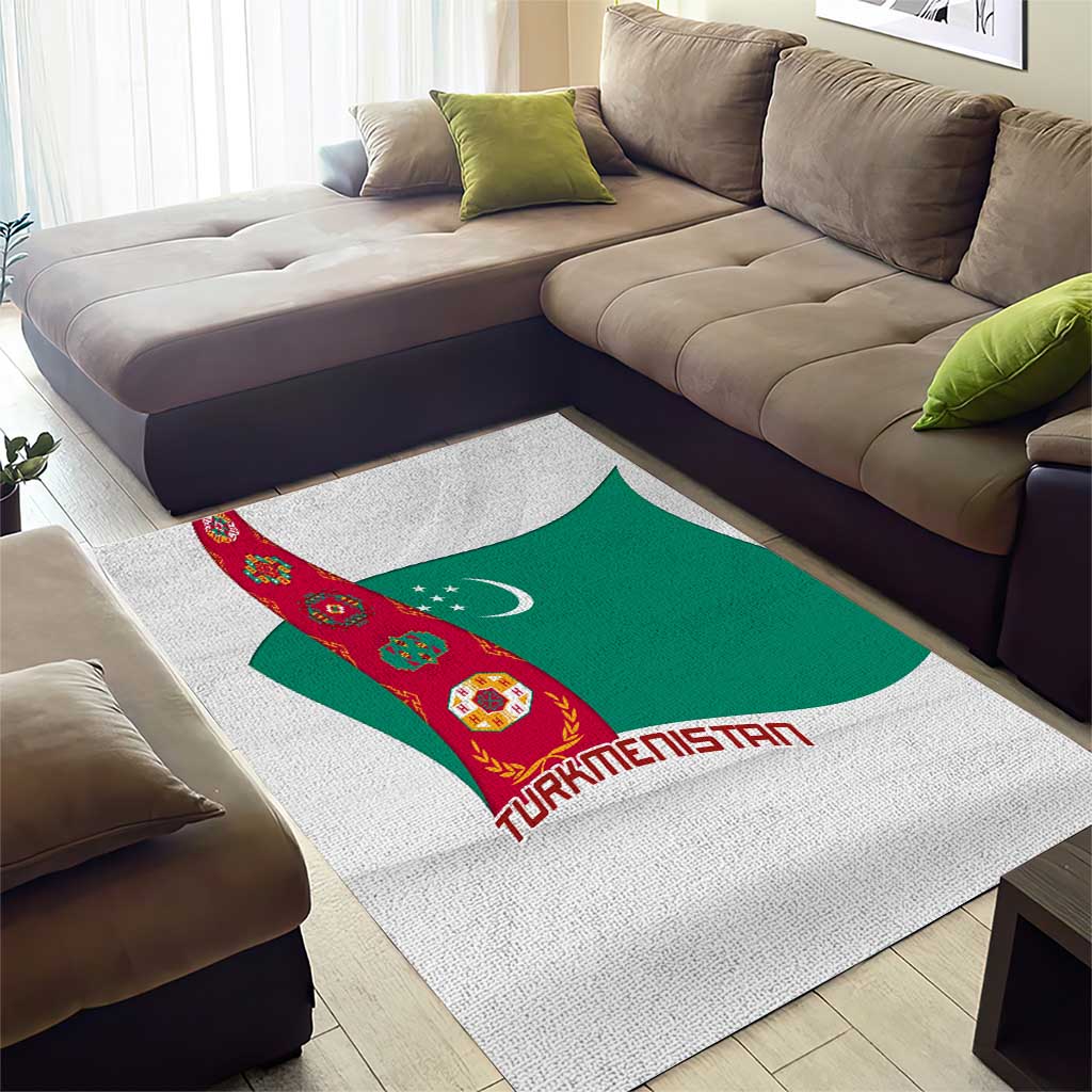 Turkmenistan Flag Area Rug with National Emblem and Carpet Stripe Design