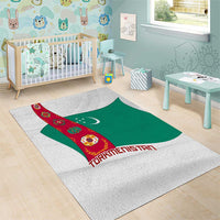 Turkmenistan Flag Area Rug with National Emblem and Carpet Stripe Design