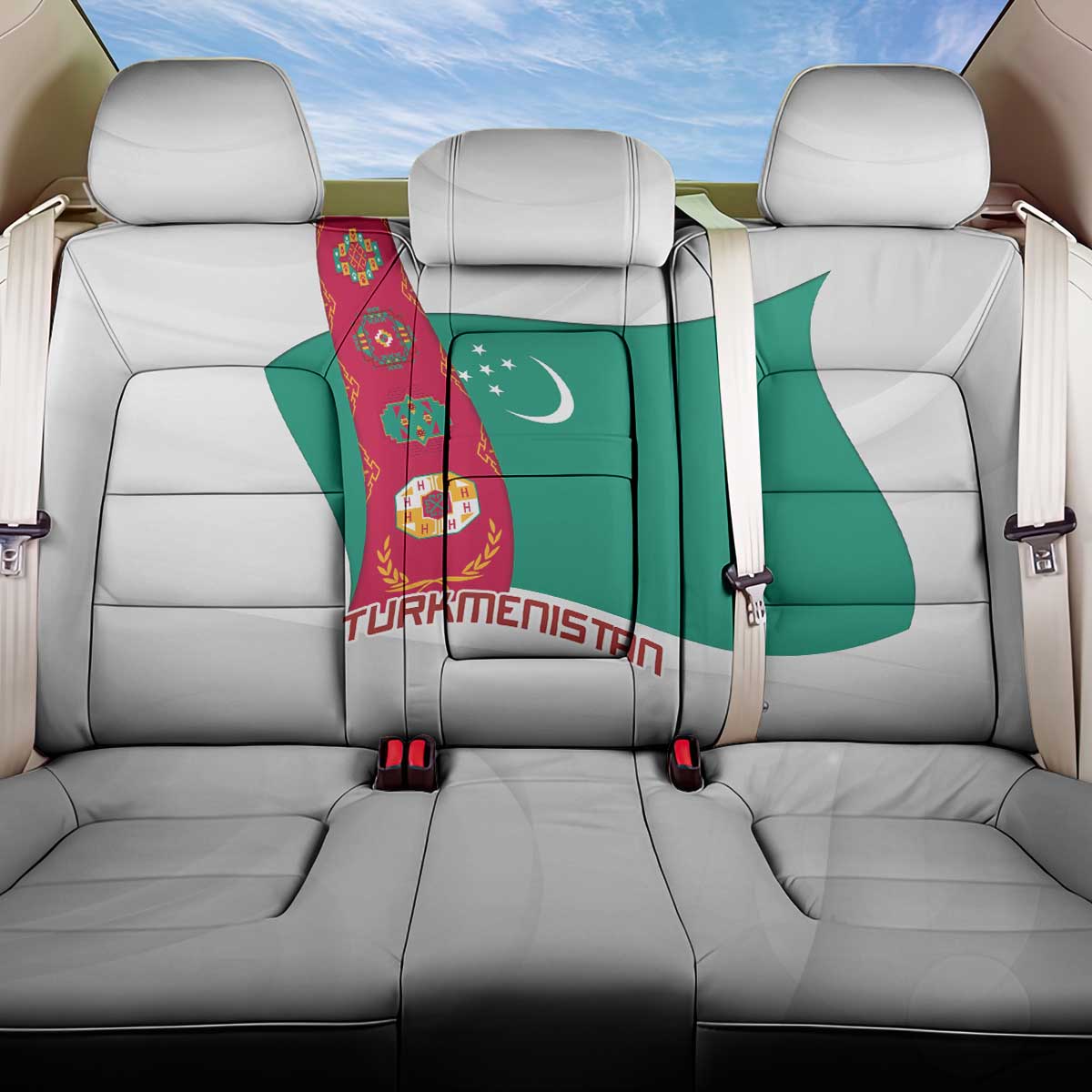 Turkmenistan Flag Back Car Seat Cover with National Emblem and Carpet Stripe Design