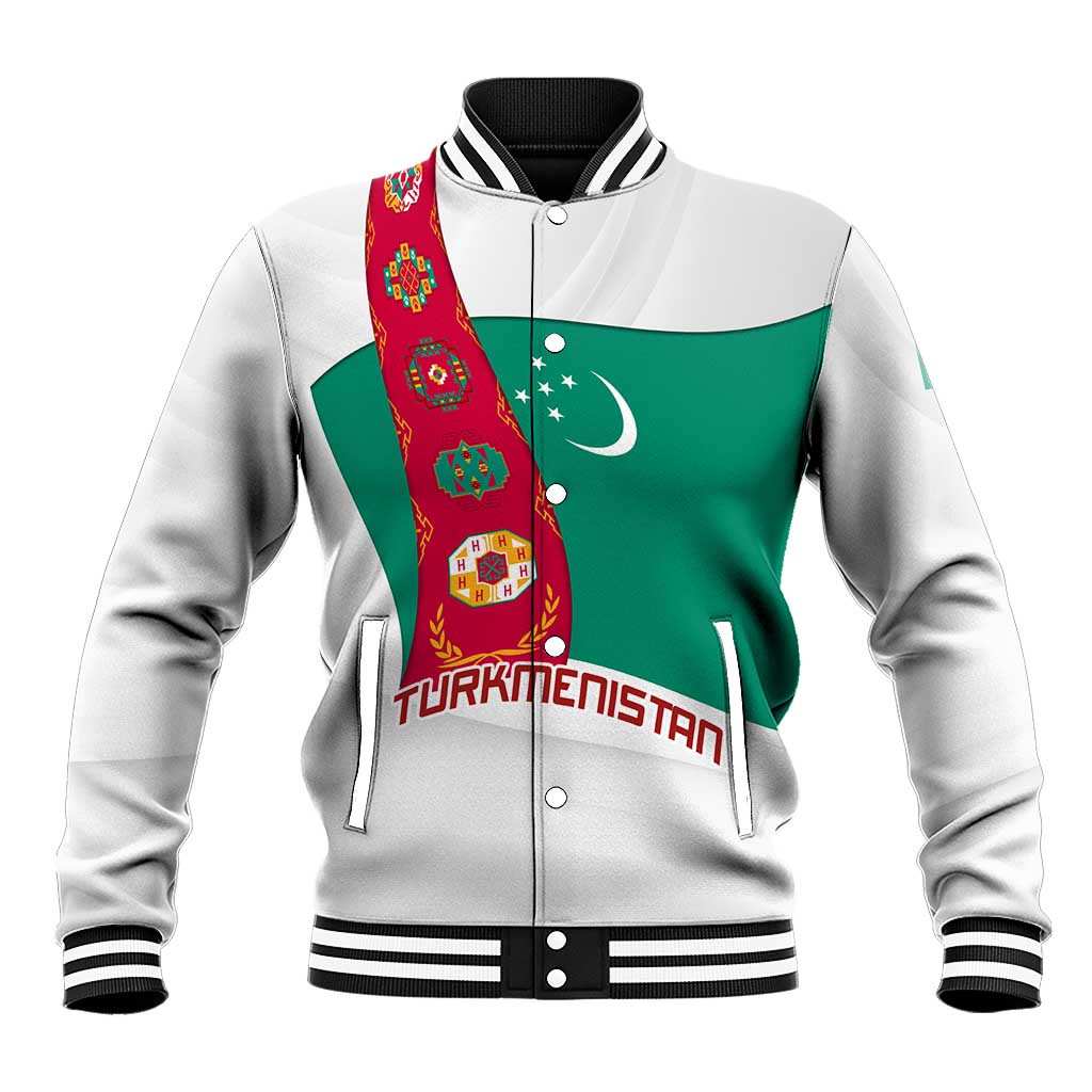Turkmenistan Flag Baseball Jacket with National Emblem and Carpet Stripe Design