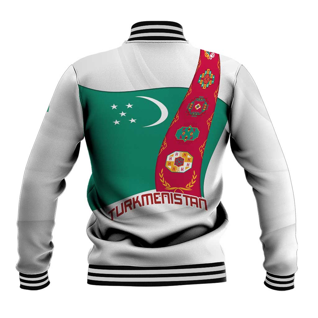 Turkmenistan Flag Baseball Jacket with National Emblem and Carpet Stripe Design