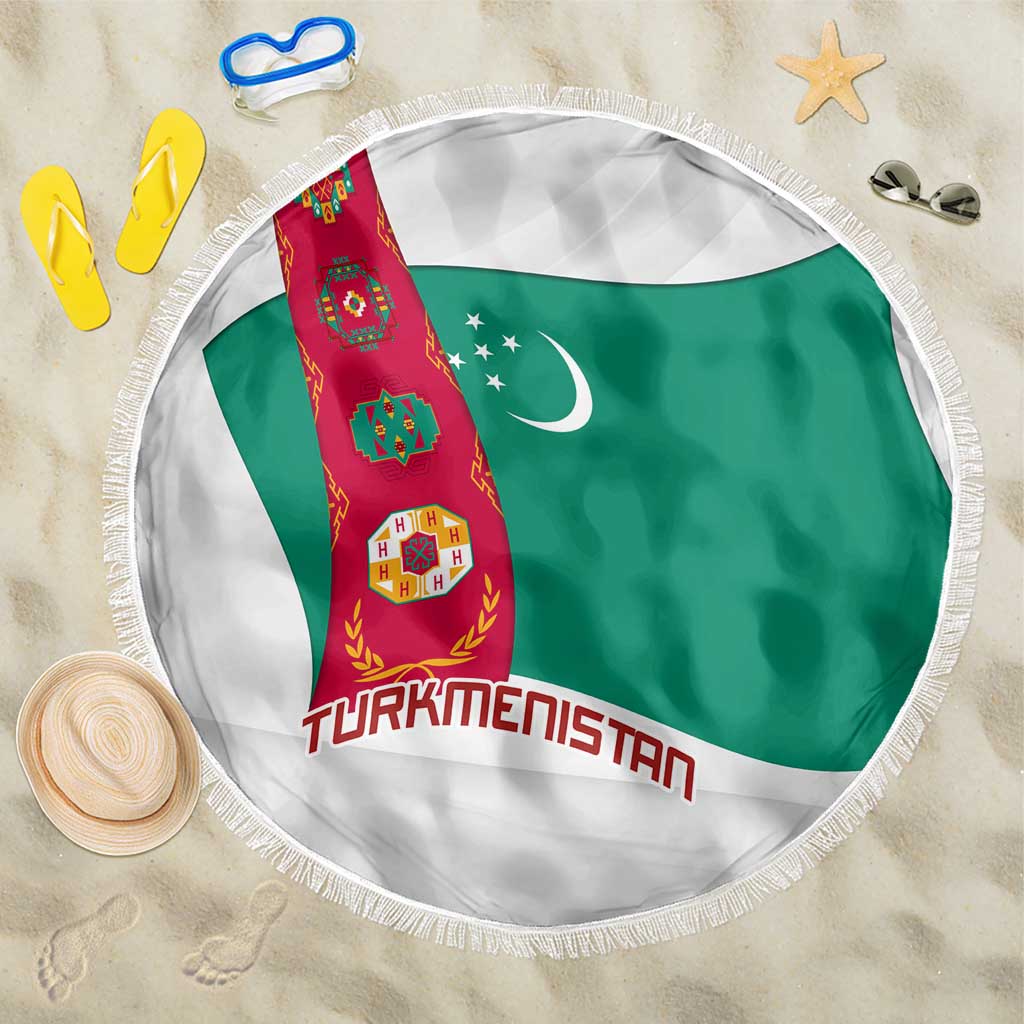 Turkmenistan Flag Beach Blanket with National Emblem and Carpet Stripe Design