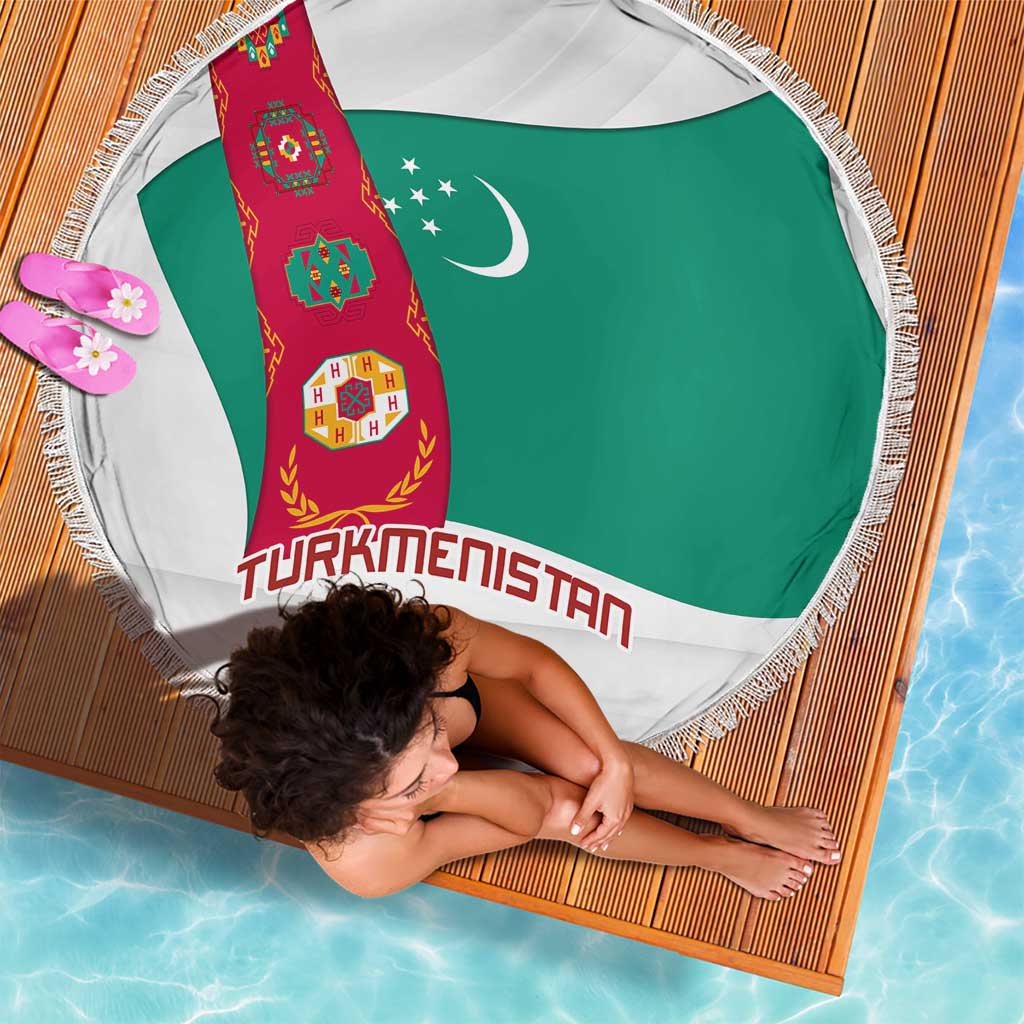 Turkmenistan Flag Beach Blanket with National Emblem and Carpet Stripe Design