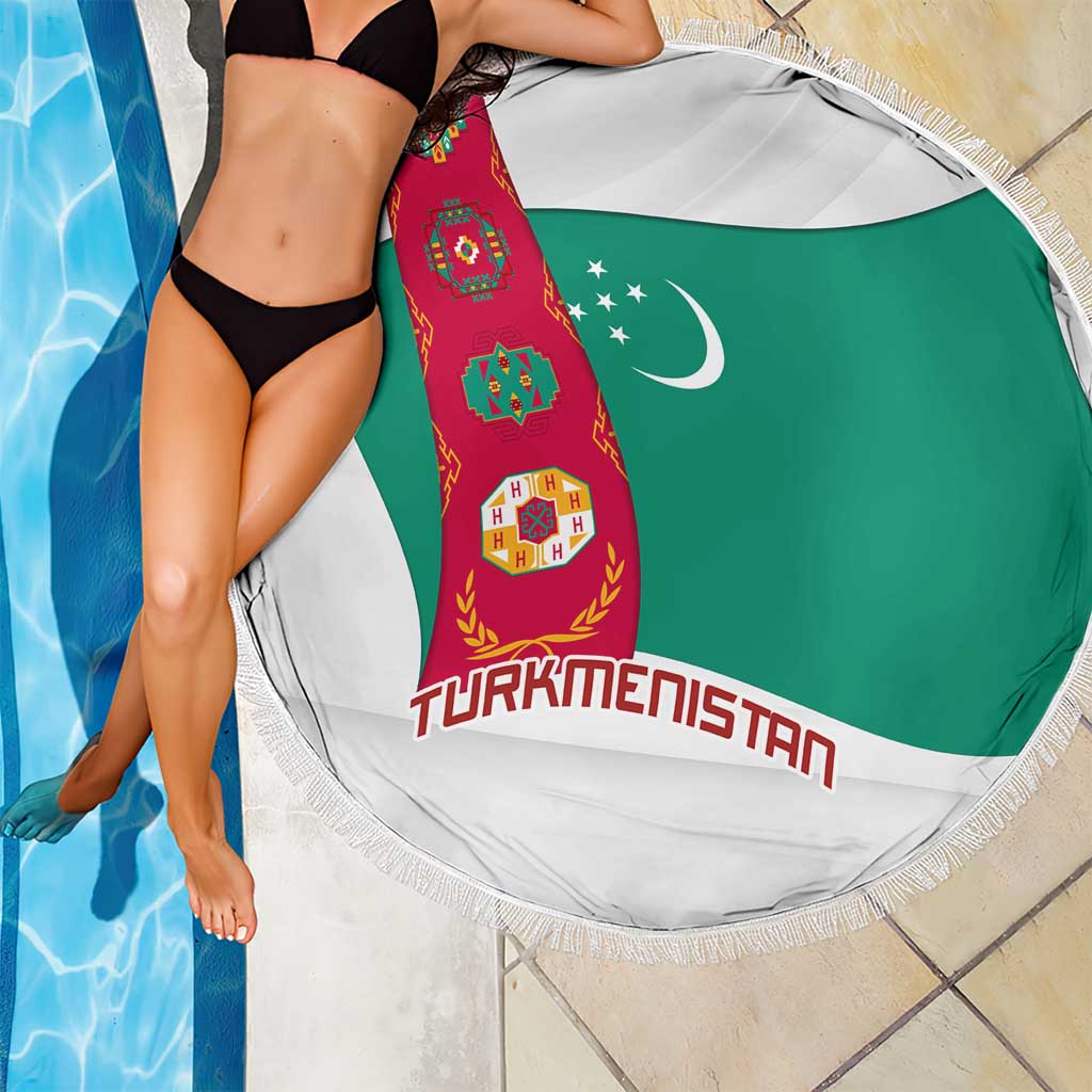 Turkmenistan Flag Beach Blanket with National Emblem and Carpet Stripe Design